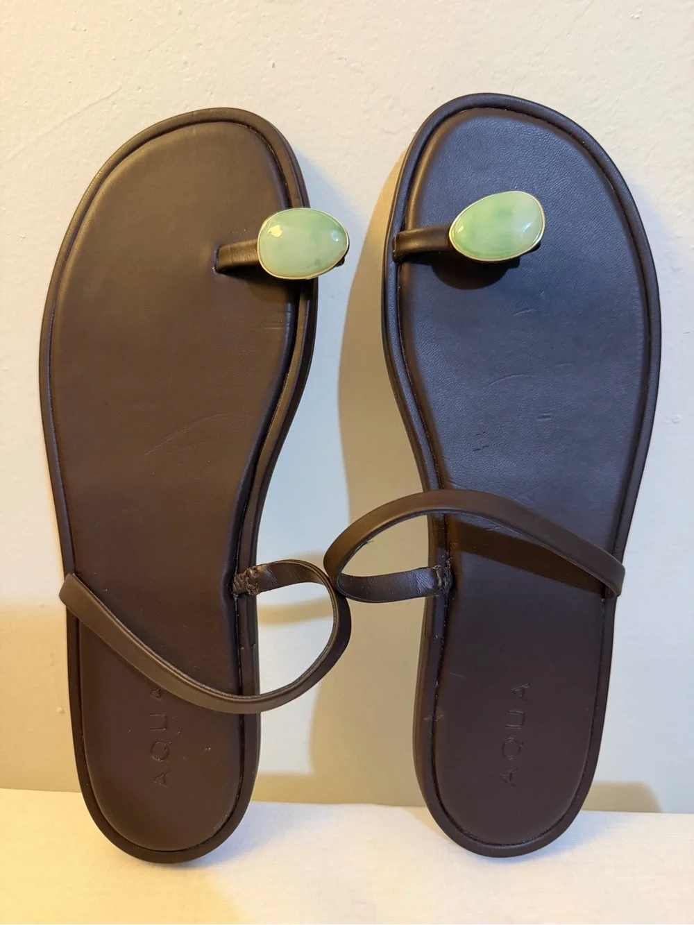 Aqua Brown Toe-Loop Sandals with Green Gem Accent
